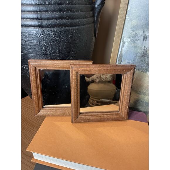 Wood Framed Mini Mirrors Set of 2 Vintage Boho Eclectic Wall Decor - Picture 1 of 14
